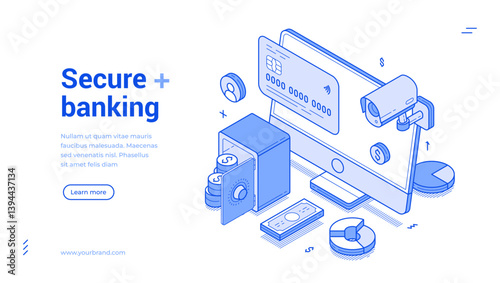 Secure banking online payment financial money transaction isometric monochrome web banner vector illustration. Bank financial analyzing accountancy internet paying protection safety landing page