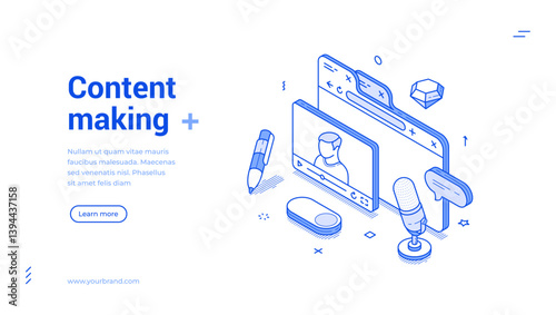 Content making social media network video blog vlog podcast isometric web banner monochrome vector illustration. Digital marketing multimedia project development landing page design template