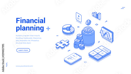 Financial planning accounting bookkeeping and investment isometric web banner monochrome vector illustration. Economy banking analyzing statistic money profit budget balance control landing page