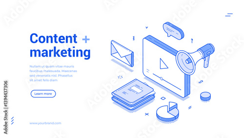 Content marketing commercial internet advertising isometric web banner monochrome vector illustration. Multimedia online promotion video blog vlog auditorium communication strategy landing page