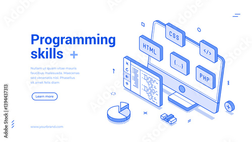 Programming skills computer software development isometric web banner monochrome vector illustration. Code program database desktop engineering website script system digital technology
