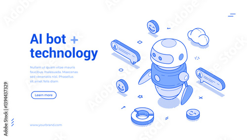 AI bot technology artificial intelligence GPT chatbot isometric web banner vector illustration. Automated digital technology assistance robotic communication network support help service landing page
