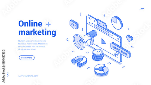 Online marketing cyberspace advertising business content strategy isometric web banner vector illustration. Internet promotion campaign management audience target communication landing page