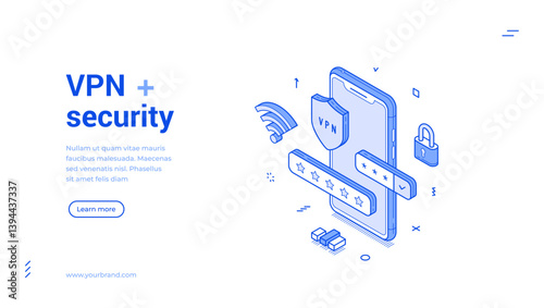VPN network technology smartphone application security isometric web banner vector illustration. App browser unblock website internet global firewall information privacy control software protect