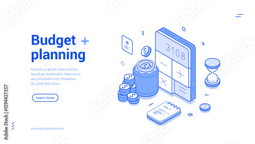 Budget planning accounting and bookkeeping isometric web banner monochrome vector illustration. Financial banking earnings expenses profit wealth control checking landing page design template