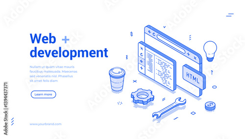 Website development programming and coding web banner isometric vector illustration. Software digital technology code program database engineering script cyberspace site construction landing page
