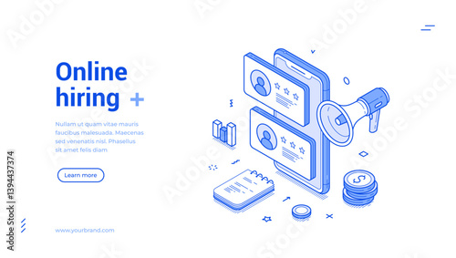 Online hiring job vacancy remotely interview applicant search isometric web banner vector illustration. Internet hire HR employment recruitment smartphone application human resources analyzing