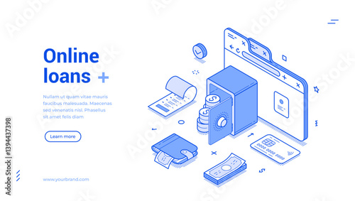 Online loan internet browsing banking financial service isometric web banner vector illustration. Finance bank commercial retail cash e money receive currency deposit investment digital technology