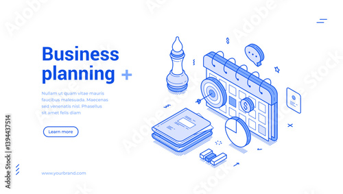 Business planning time management productivity efficiency isometric web banner vector illustration. Deadline control schedule calendar important appointment reminder work process organization