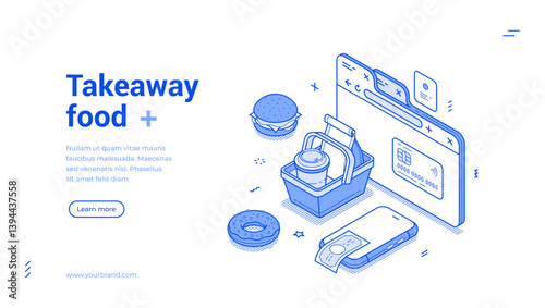 Takeaway food order delivery internet courier service isometric web banner vector illustration. Meal cuisine online shopping payment cafe restaurant menu browsing cyberspace commercial business retail