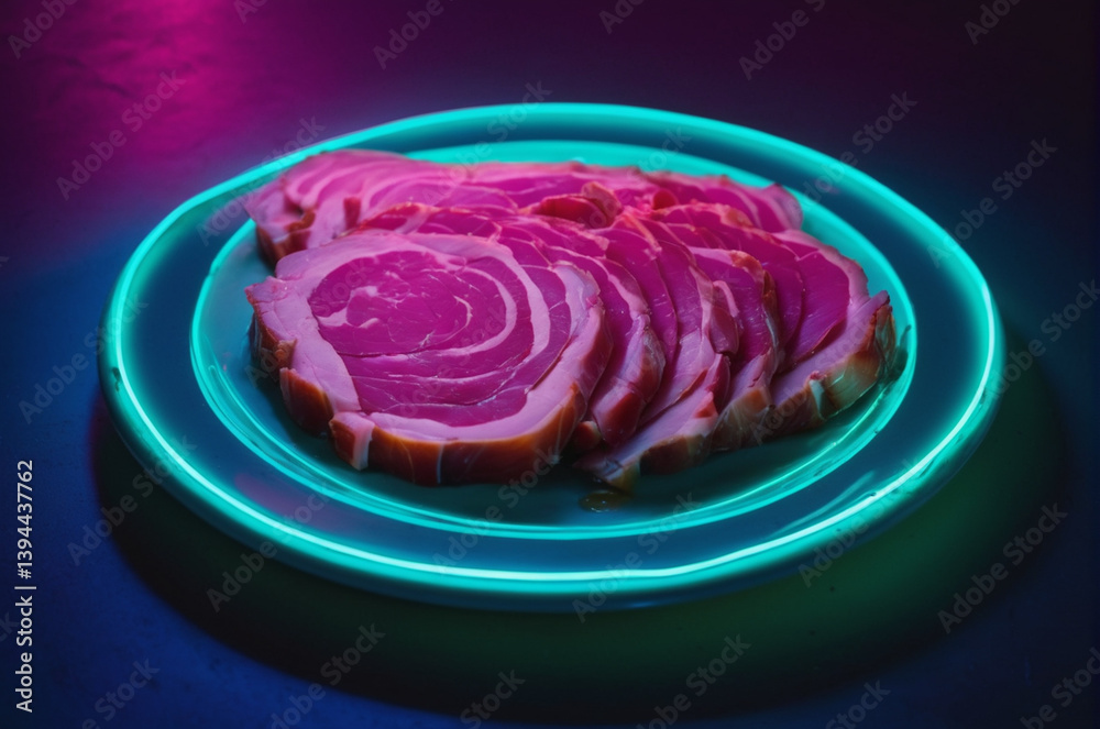 Obraz premium Neon Lit Plate of Sliced Raw Meat on Display. Generative AI.