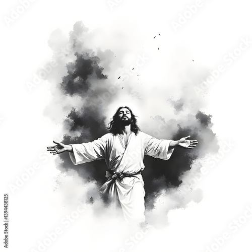 Jesus figure rising with open arms in minimalist ink wash art, spiritual monochrome concept