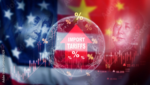 Trade war policy United States  with China. Dollar vs Yuan war.United States tariffs government import tariff China,to increase the American economy.Industrial Tariffs growth.Import Tariffs increase. photo