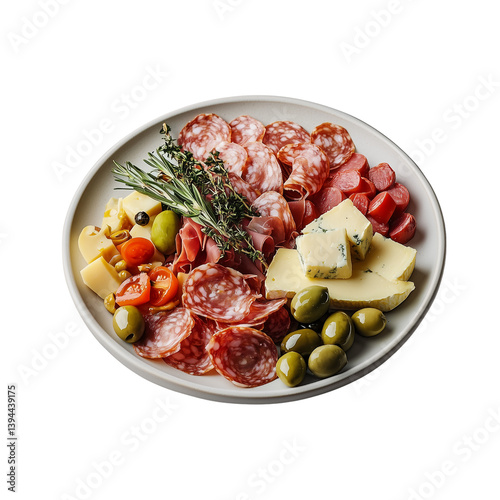 A beautifully arranged antipasto platter, of assorted cured meats, cheeses, olives, and fresh herbs, perfect for entertaining or gourmet meals. isolated on white background and transparent background
