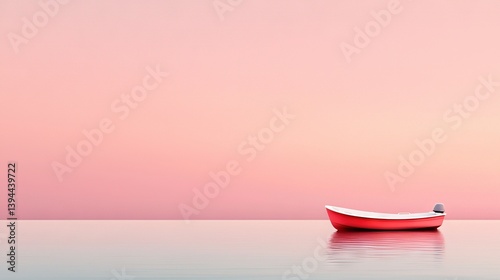   Red boat floats atop vast water expanse, backdrop pink sky