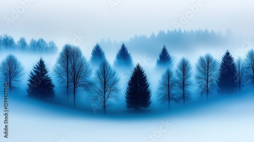   A hazy scenery featuring tree silhouettes in the foreground and a sapphire backdrop with sporadic cloud formations