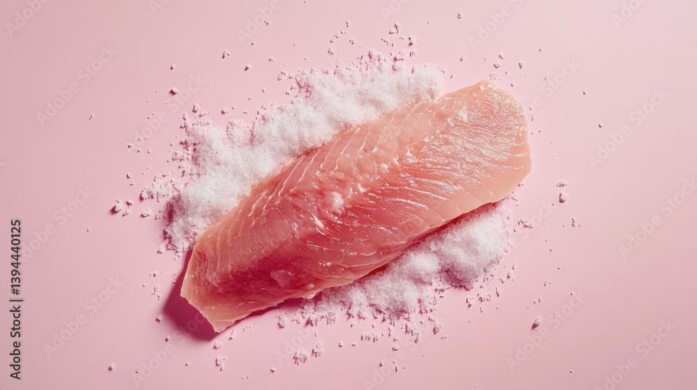 Fototapeta premium A fresh piece of fish lies on a bed of salt, set against a soft pink background, highlighting its texture and color for culinary appeal.