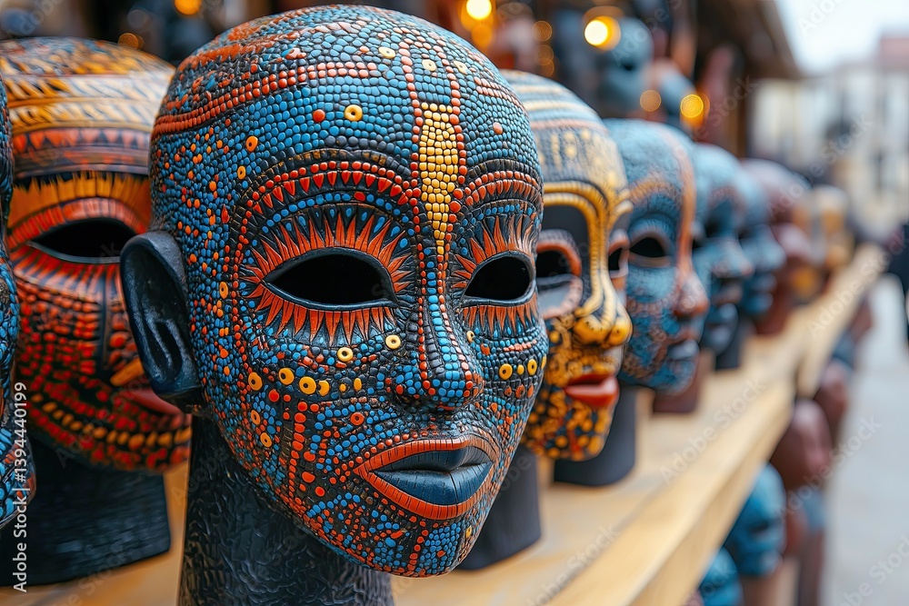 Fototapeta premium Colorful Handcrafted African Masks on Display in Outdoor Market