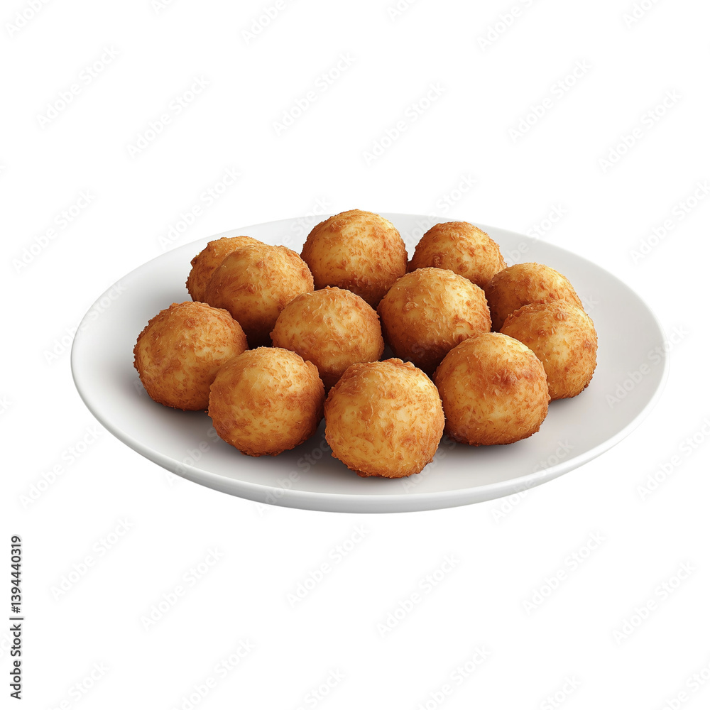 A plate of golden, crispy spherical snacks, perfectly arranged, showcasing a delicious appetizer or side dish. isolated on white background and transparent background A plate of golden, crispy spherical snacks, perfectly arranged, showcasing a delicious appetizer or side dish. isolated on white background and transparent background