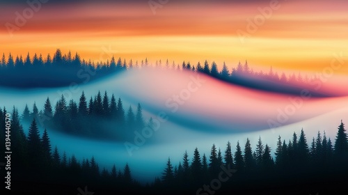   A landscape painting featuring trees in the foreground, a sunset in the background, and clouds in the sky
