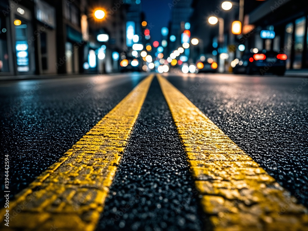 Turning asphalt road with marking lines and reflections with colorful unfocused lights on a background