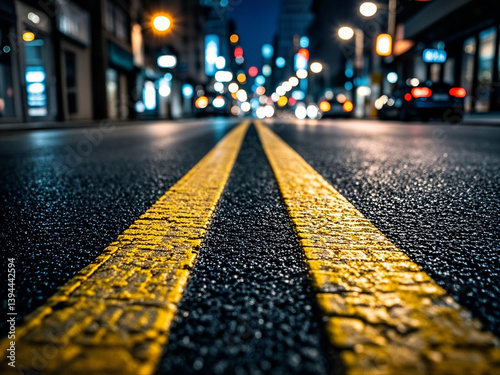 Obraz na płótnie Turning asphalt road with marking lines and reflections with colorful unfocused lights on a background w salonie