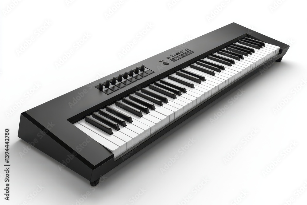 A sleek electronic keyboard in a studio setting with on a white background A sleek electronic keyboard in a studio setting with on a white background