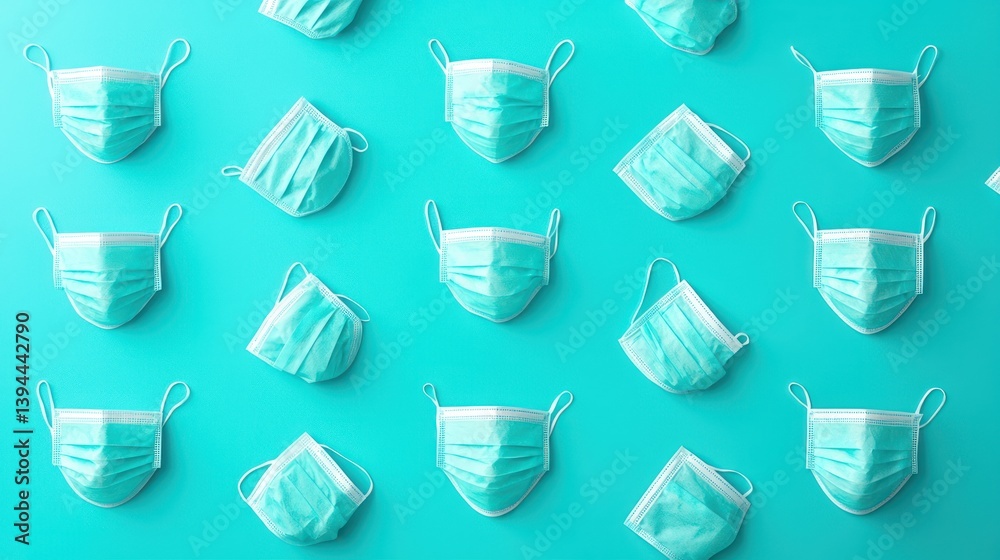 Light teal face masks arranged in a symmetrical pattern on a teal background. Light teal face masks arranged in a symmetrical pattern on a teal background.