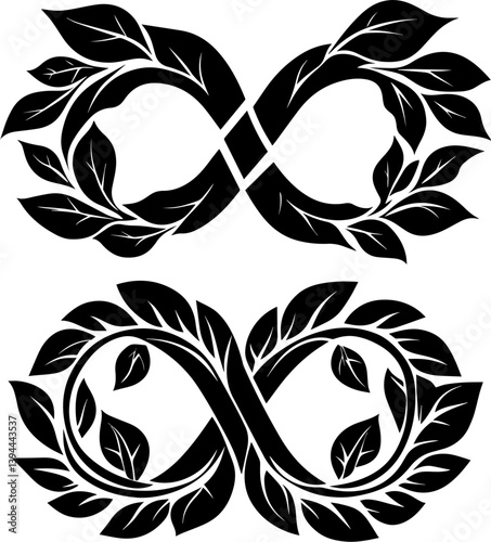 Elegant black and white vector illustration of an infinity symbol intertwined with stylized leaves and vines. Represents nature, growth, interconnectedness, and eternal life or cycles.