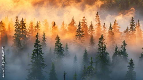 Golden Sunrise Mist Envelops Pine Forest of excellence in splendor beyond compare with grace