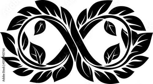 Elegant black and white vector illustration of an infinity symbol intertwined with stylized leaves and vines. Represents nature, growth, interconnectedness, and eternal life or cycles.
