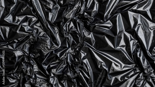Monochrome texture of black crumpled plastic bag background. Wrinkled nylon garbage foil with light effect. Transparent polyethylene wrap overlay. Dark abstract design business template with shiny