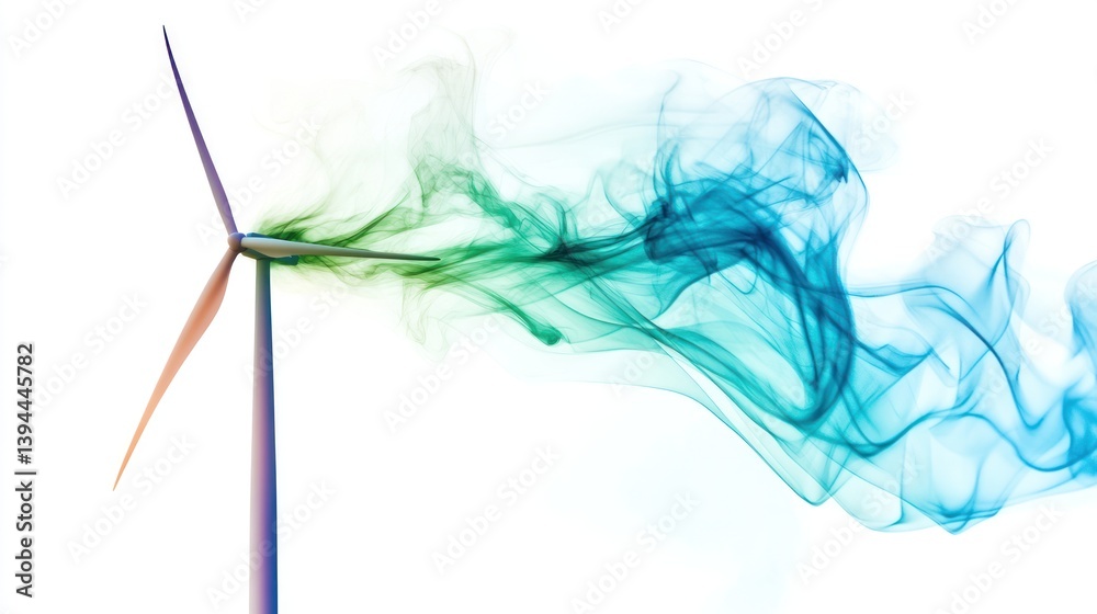 Obraz premium Wind turbines, blue and green colorful smoke on a white background.