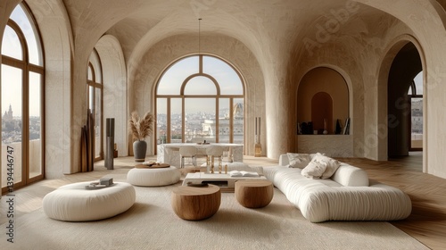 Luxurious penthouse living room with arched windows, city view, and minimalist beige furniture.