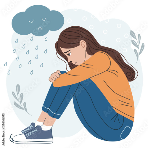 Depressed woman sitting under rainy cloud, mental health concept, social issues, problems, mental disorder, teenage depression