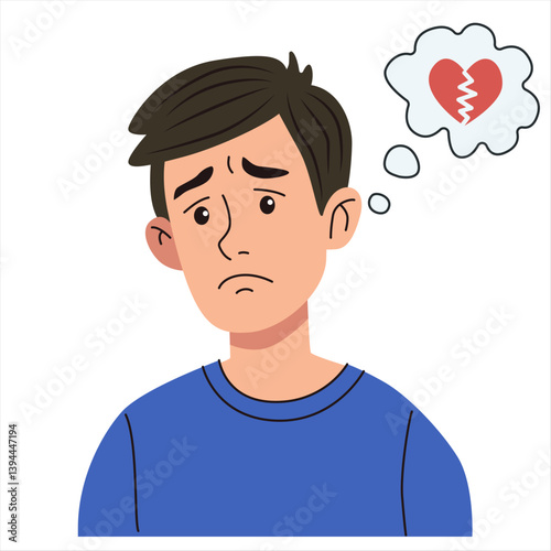 Heartbroken man thinking about broken love. Sad lover with breakup concept. Illustration for social media, dating and valentine's day, symbolism of loneliness