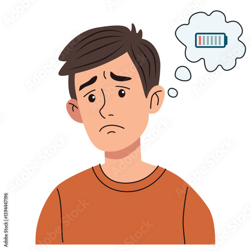 Exhausted person with low energy thinking about battery level, feeling burnout, lack of strength, needs rest, poster to maintain mental health and motivation