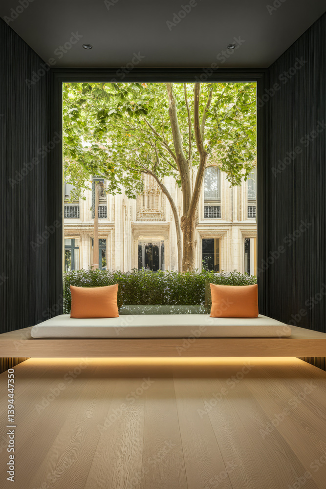 Fototapeta premium Elegant interior with window view of greenery in a modern urban setting