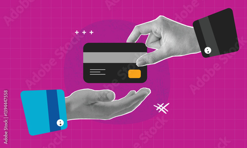 Halftone effect hand holding credit card. Cash concept vector pop art retro style illustration