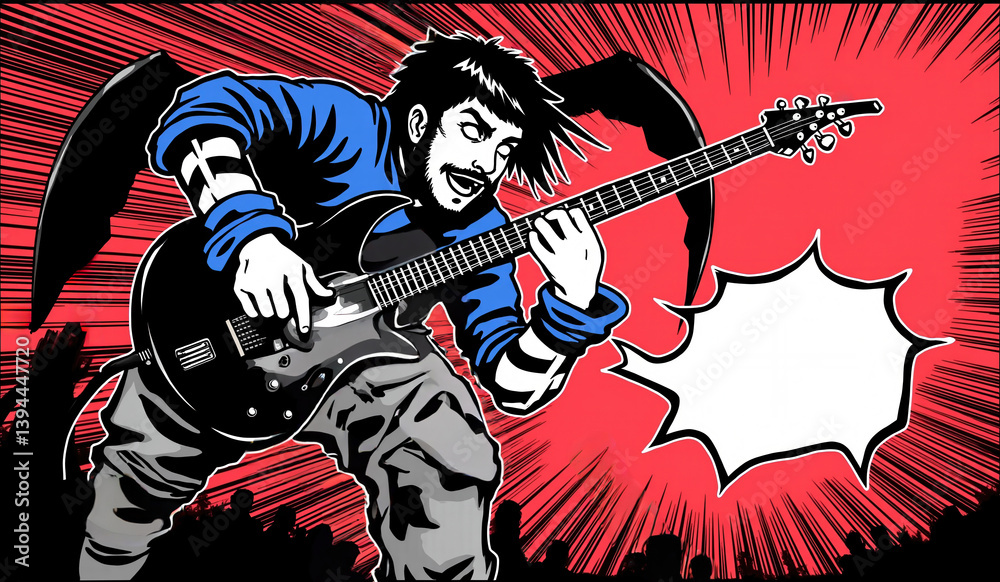 Fototapeta premium a man playing a guitar in front of a red and white background