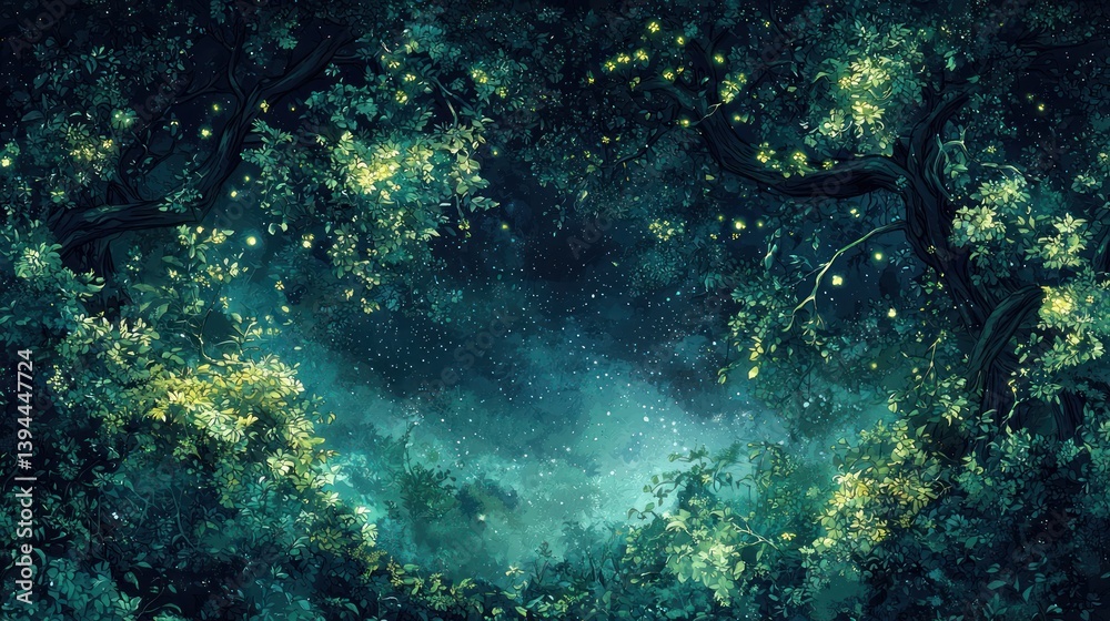 Fototapeta premium Magical forest at night with glowing fireflies.