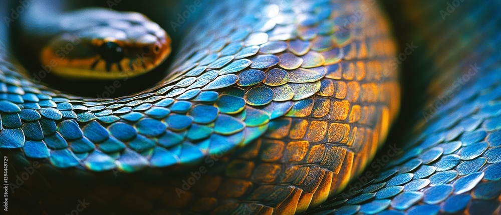 Fototapeta premium A close-up view of a vibrant snake with iridescent scales, curled elegantly with detailed patterns and textures.