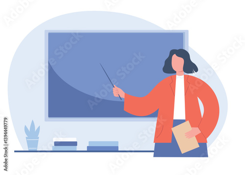 The teacher at the board explains the lesson, gives knowledge. The learning process. Vector flat graphics.