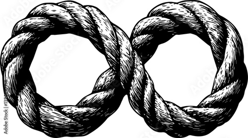 Detailed black and white illustration of an infinity symbol formed by a twisted rope knot. Represents connection, strength, eternity, and nautical or rustic themes.