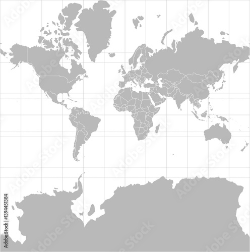 World vector map with country boundaries and graticules (Web Mercator projection, PPT-compatible & fully editable)