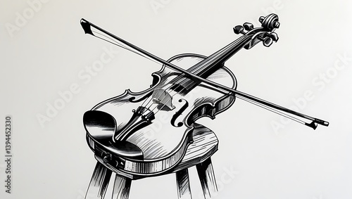 Violin resting on a stool, black and white drawing