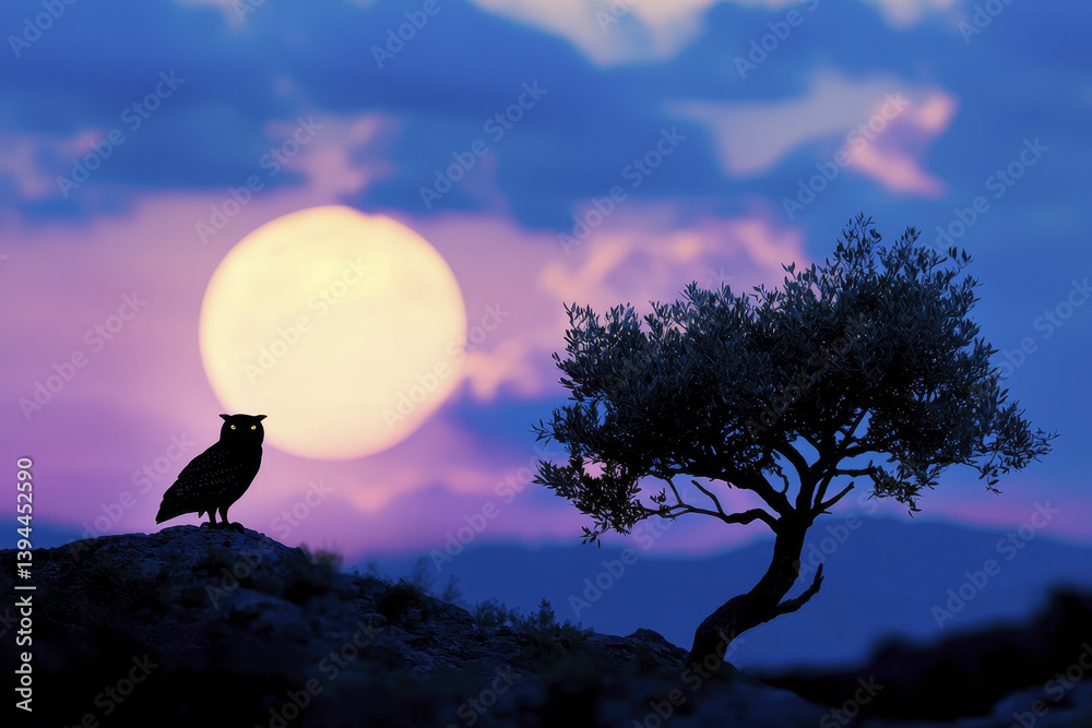 Fototapeta premium serene moonlit scene featuring owl perched on rock, silhouetted against large, glowing moon and distant tree