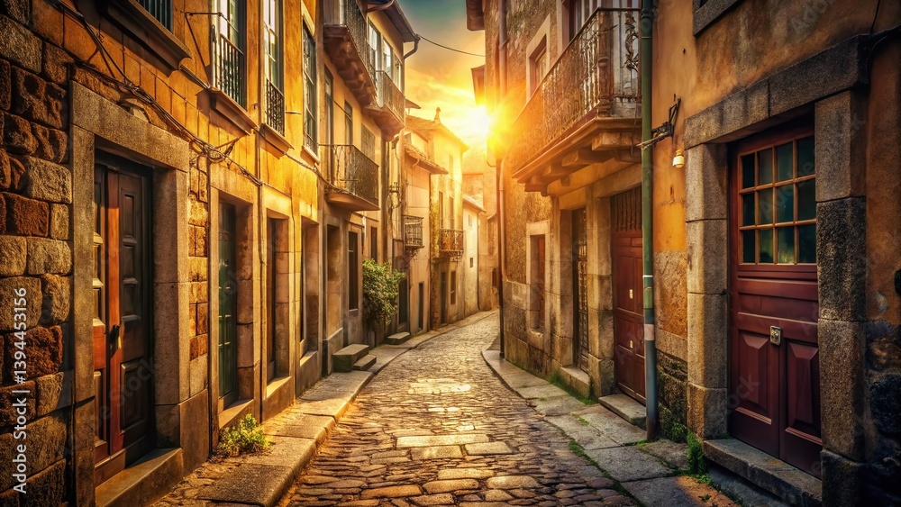 Fototapeta premium Charming Narrow Cobblestone Alleyway in Porto Portugal A Vintage Street Scene of Architectural Beauty and History
