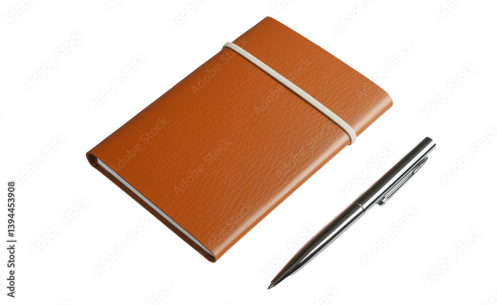 Minimalist mockup featuring a sleek brown notebook and a silver pen on a white background, showcasing simple design elements Minimalist mockup featuring a sleek brown notebook and a silver pen on a white background, showcasing simple design elements