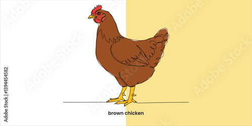 A fully grown brown hen stands upright, displaying its sturdy frame and well-groomed feathers in a rich earthy tone. Its posture exudes alertness, with its eyes keenly observing the surroundings, show